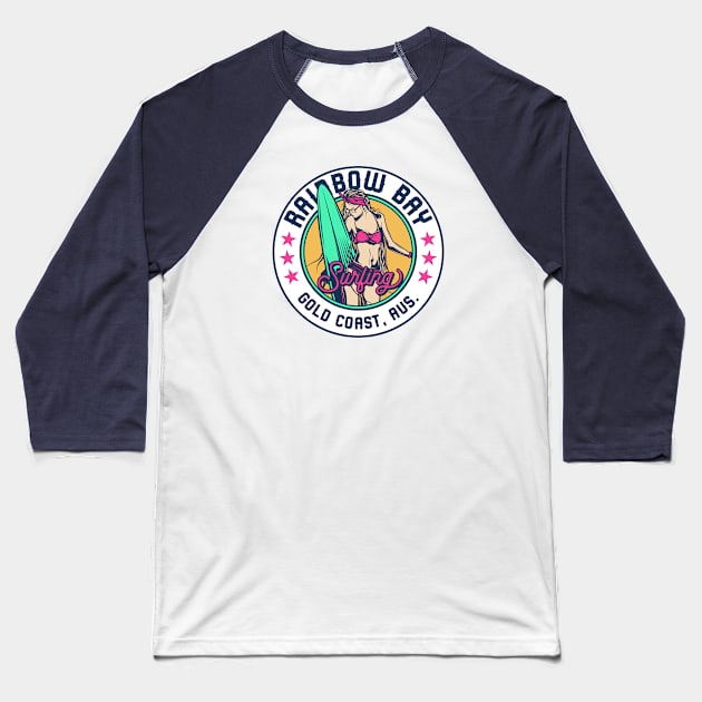 Retro Surfer Babe Badge Rainbow Bay Gold Coast Australia Baseball T-Shirt by Now Boarding